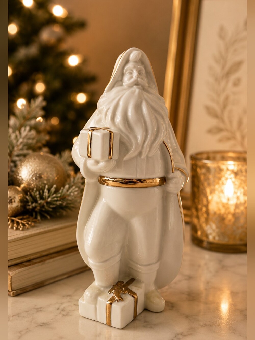 Mikasa Christmas Harmony “Santa & Presents” Porcelain Figurine 10” White Gold